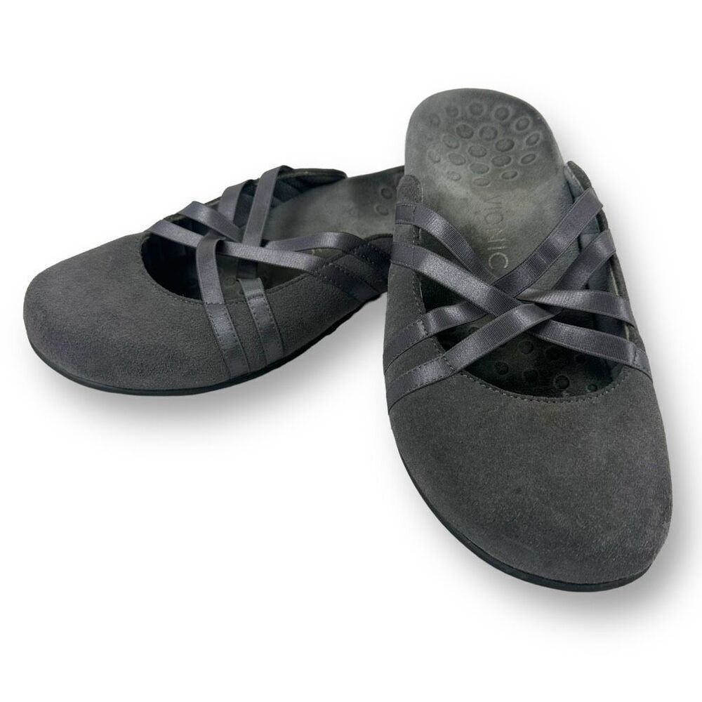 Vionic Women's 8 Claire Slip On Mule Flat Charcoal Gray Ballet Criss Cross Strap